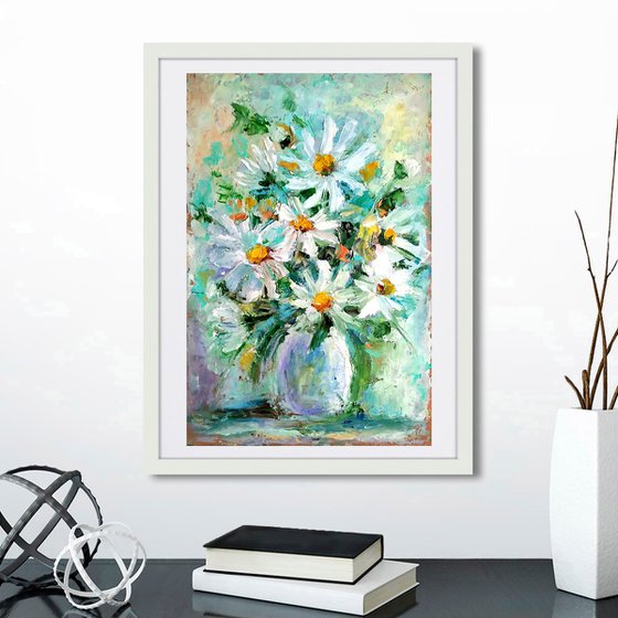 Summer Bouquet, Daisy Painting Floral Original Wall Art Flower Bouquet Artwork