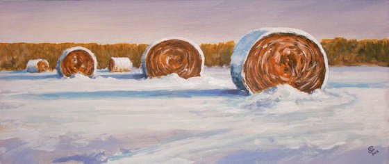 "Bales of hay with blanket of snow "