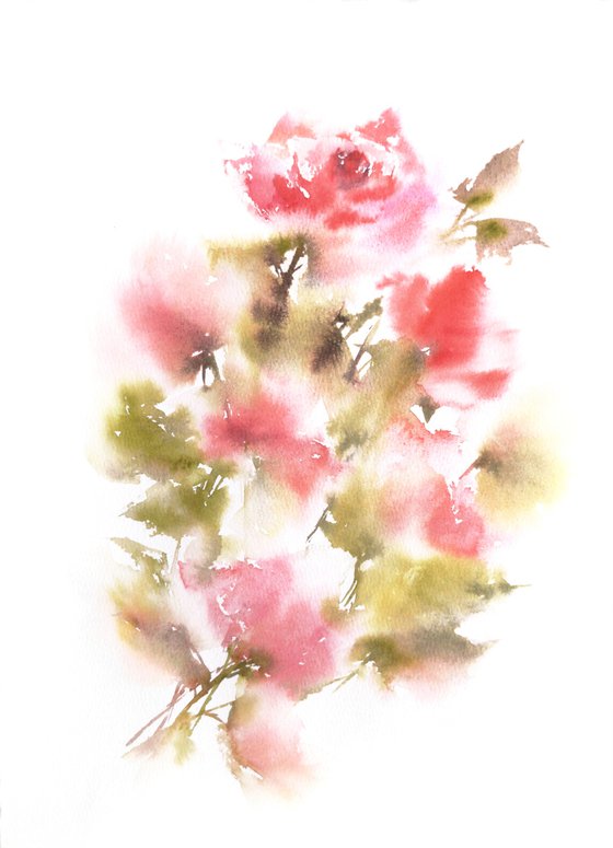 Roses. Red flowers watercolor painting