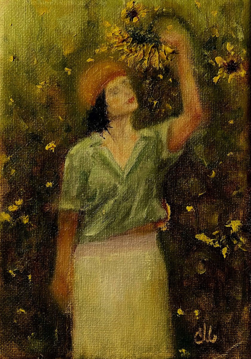 Impressionistic Portrait Oil Painting By Cristina Mihailescu, 5 X 7, Sunflower Serenade, Original Artwork