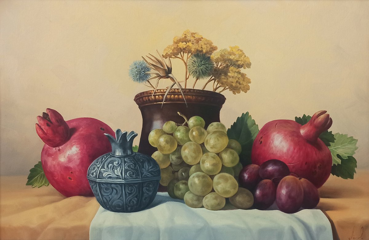 Photorealistic Still Life Oil Painting By Tamar Nazaryan, 24 X 16", Still Life With Autumn Fruits, Original Artwork