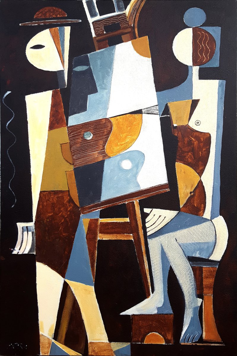 Geometric Portrait Acrylic Painting By Vadim Vaskovsky, 24 X 36", Artist And Model In Stockings, Original Artwork