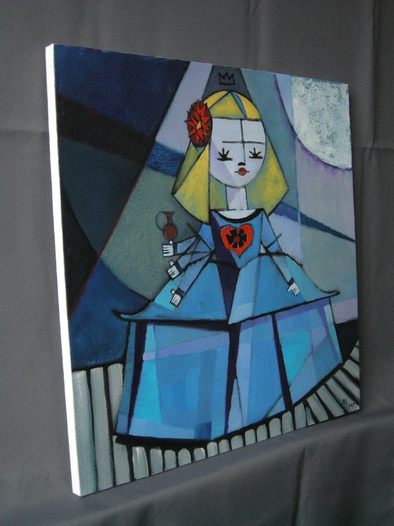 Blue Menina and a Small Red Bottle. From a serie "Meninas". Inspired by Diego Velázquez and Picasso - Sold to a collector in Johnson City, NY, USA.
