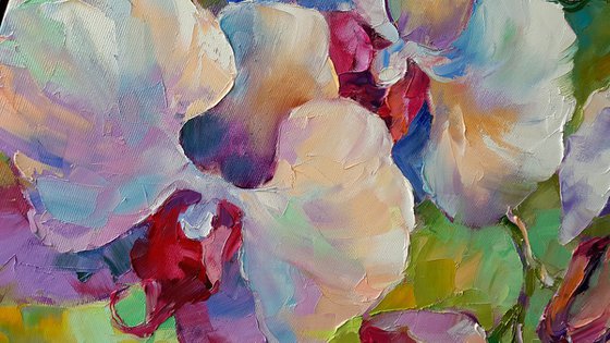 Original oil painting flowers, blooming flower, Orchid, impasto, palette knife