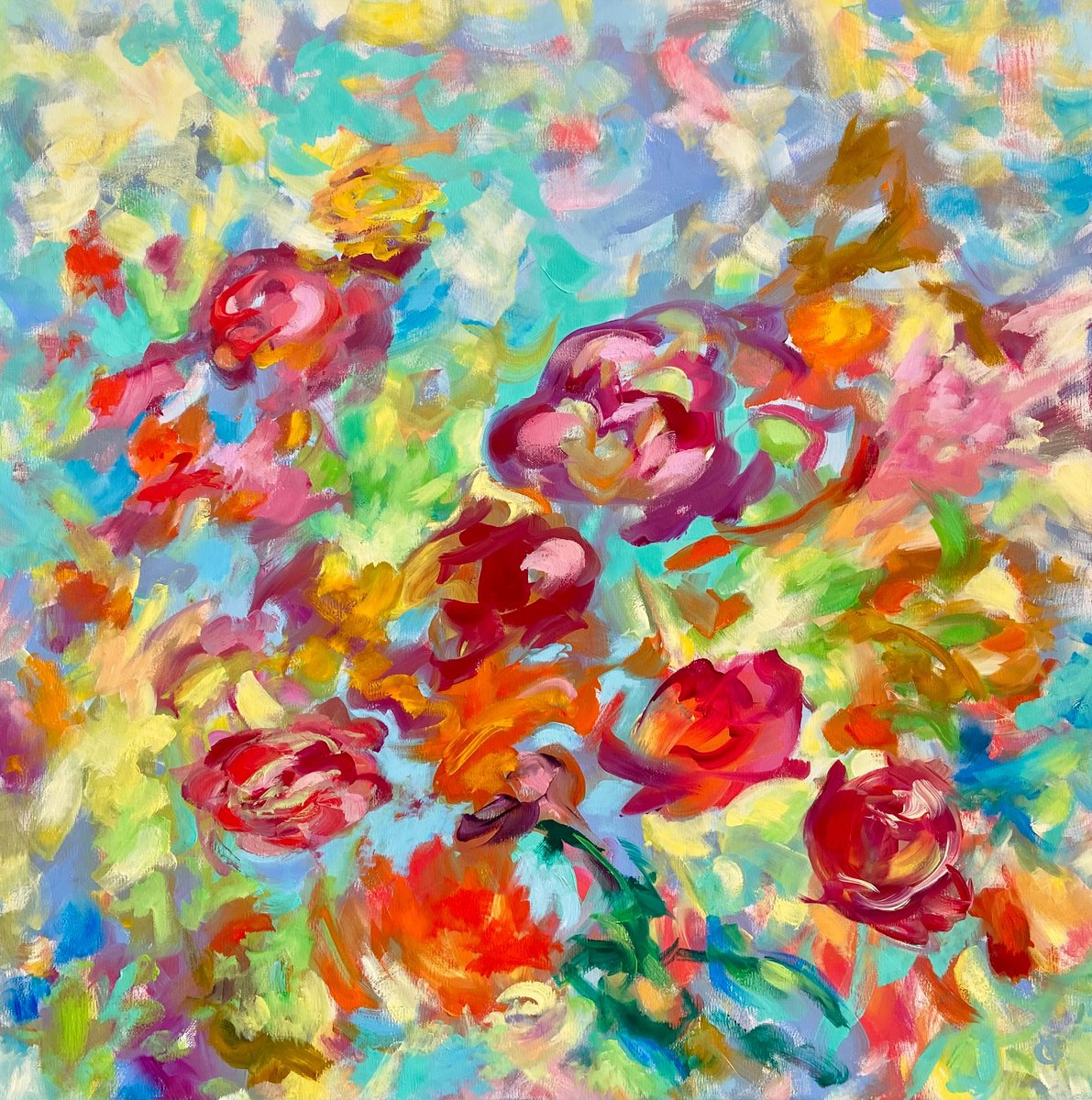 Abstract Botanical Oil Painting By Junija (Yuna) Galejeva, 28 X 28", Improvisation On Peony Tulips, Original Artwork