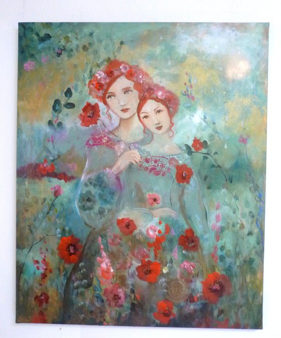 The wild path 73 x 60 cm. Portrait of mother and daughter in the garden