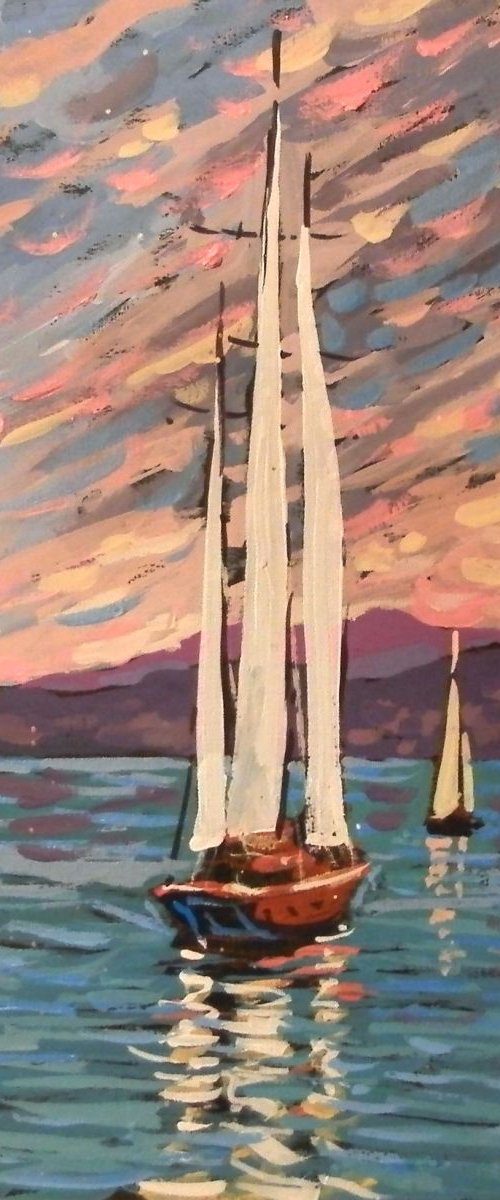 Yacht. original painting 28х18 cm by Sergey  Kachin