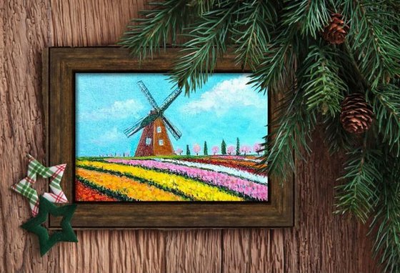 Miniature Dutch Windmill and Tulips Landscape