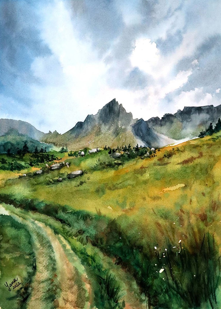 Green Valley, Mont Blanc - Original Watercolor Painting by Yana Shvets