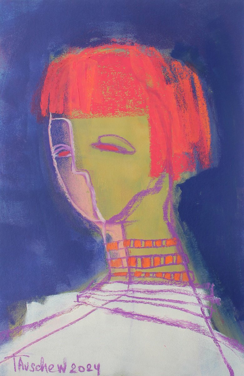 Expressive Portrait Pastel Drawing By Tatjana Auschew, 13 X 20", Girl In A Necklace., Original Artwork