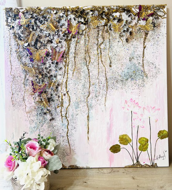 The Lili garden abstract floral soft pink tones with golden butterflies and glitter