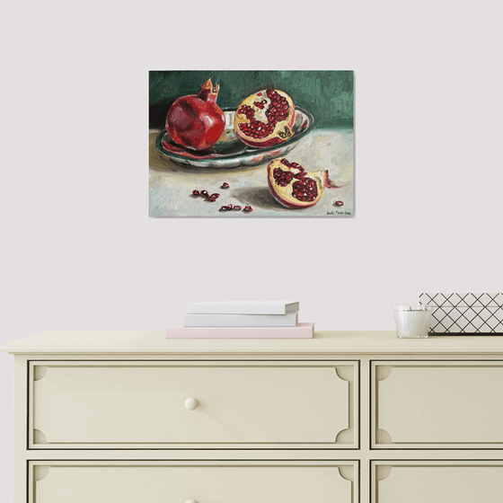 Pomegranates on metal tray