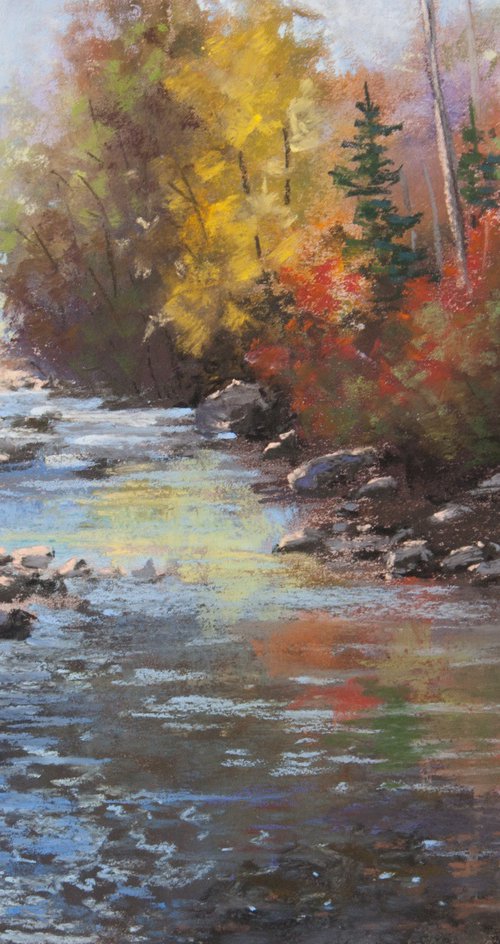 Fall Forest Painting Original Art Autumn Landscape Forest Stream Pastel Drawing by Tetiana Vysochynska