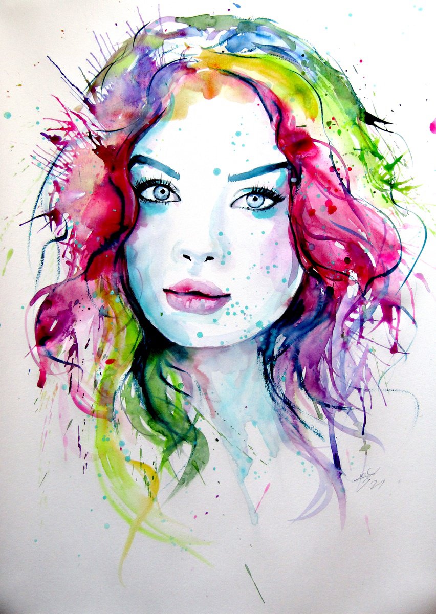 Impressionistic Watercolour , Charming Girl Xv By Kovacs Anna Brigitta, 20 X 28, Artwork For Sale On Artfinder