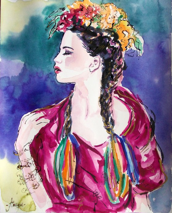 Frida - Watercolor Portrait on Paper