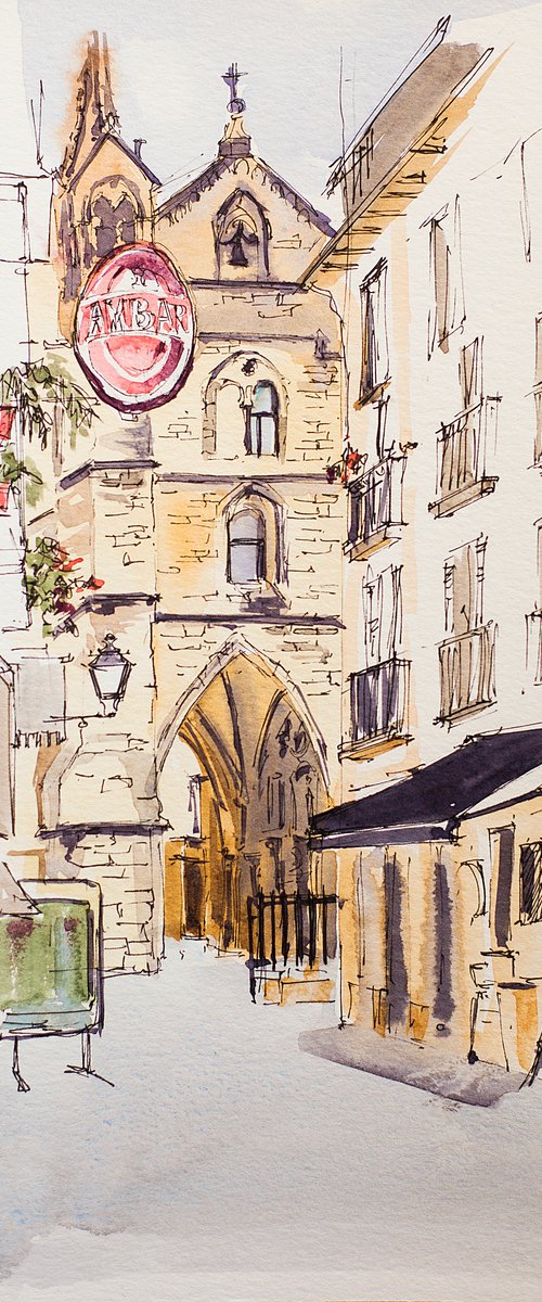San Sebastian, Donostia. Live street sketch of the old town. URBAN WATERCOLOR LANDSCAPE STUDY ARTWORK SMALL CITY LANDSCAPE SPAIN GIFT IDEA INTERIOR street by Sasha Romm