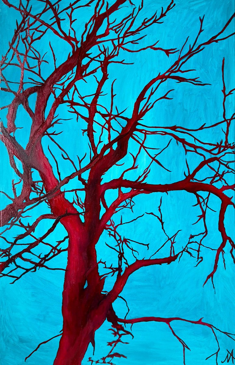 Expressive Oil Painting , Red Tree By Anastasiia Novitskaya, 28 X 43, Artwork For Sale On Artfinder
