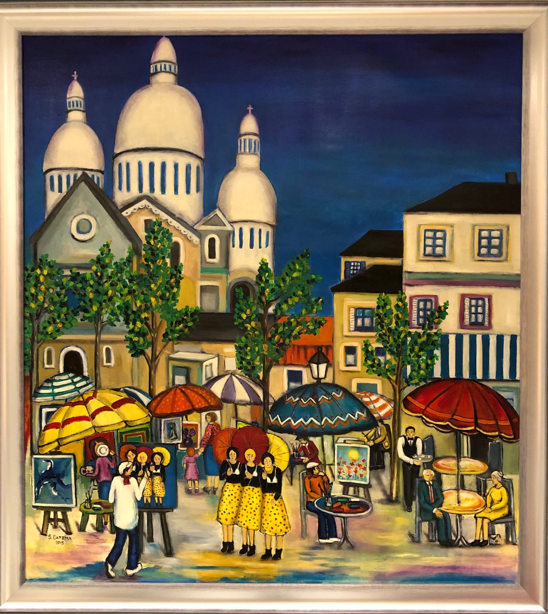 Illustrative Cityscapes Oil Painting By Suzette Datema, 55 X 60", Life In Montmartre, Original Artwork