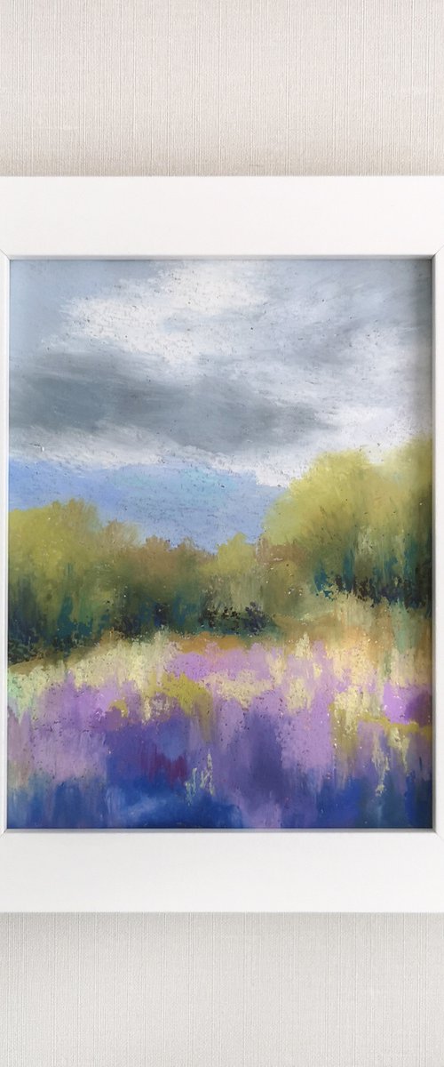 Landscape with lavender field, oil pastel painting by Olga Grigo
