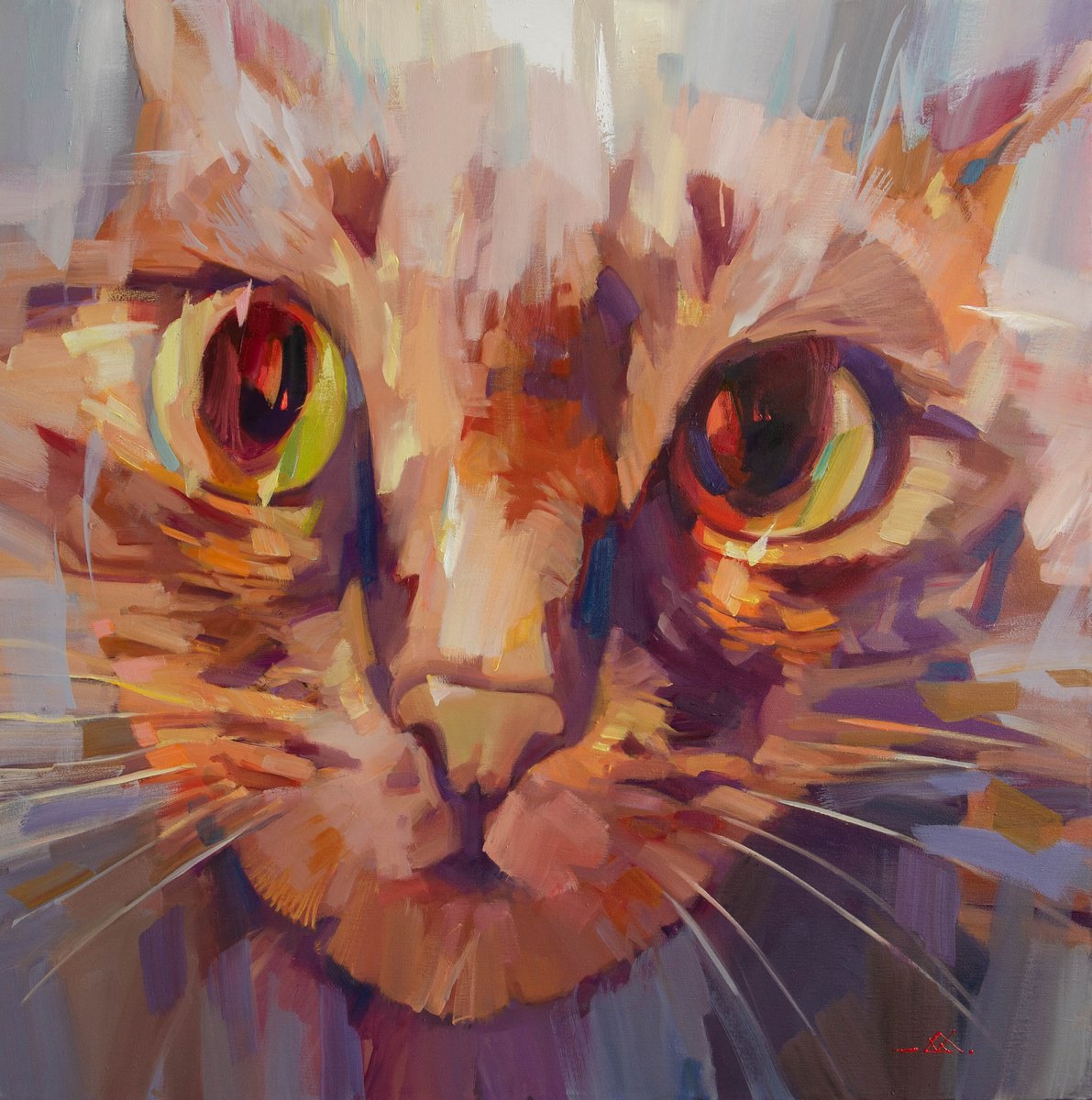 Impressionistic Animal Oil Painting By Valentin, 35 X 35", His Look, Original Artwork