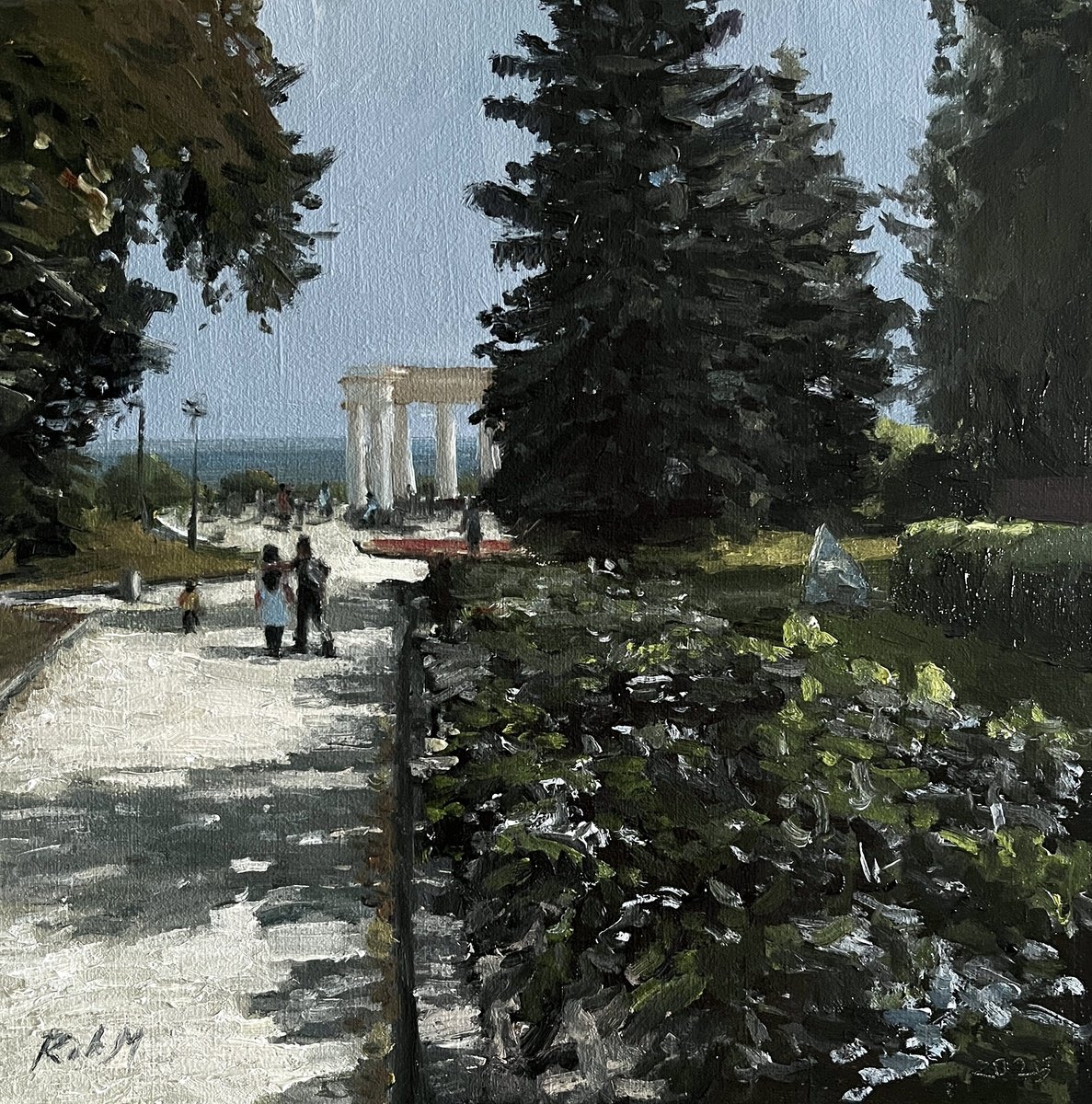 Impressionistic Landscape Oil Painting By Michael Rak, 14 X 14", The White Rotunda, Original Artwork