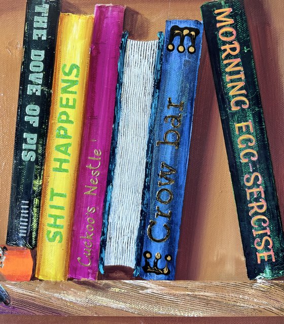Bookshelf with birds