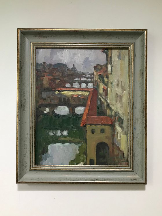 Original Oil Painting Wall Art Signed unframed Hand Made Jixiang Dong Canvas 25cm × 20cm Cityscape Bridges in Florence Italy Small Impressionism Impasto