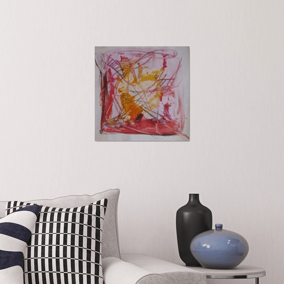 Pink and Yellow Square Abstract Drawing, 40x40 cm