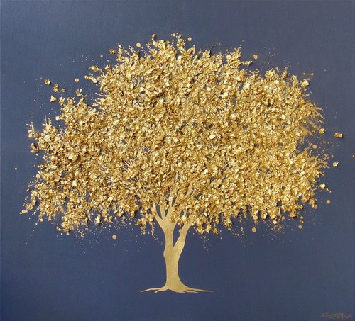 35.5” Blooming golden tree / ”Tree of Life” Large Mixed Media Painting by Irini Karpikioti