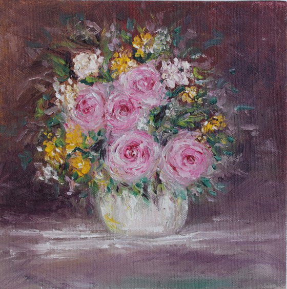 Blooming, floral still life oil painting on canvas board - impasto, impressionism floral painting - vintage style floral - roses painting