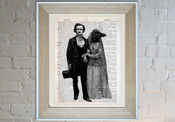 Edgar Allan Poe And Lady Raven - Collage Art Print on Large Real English Dictionary Vintage Book Page