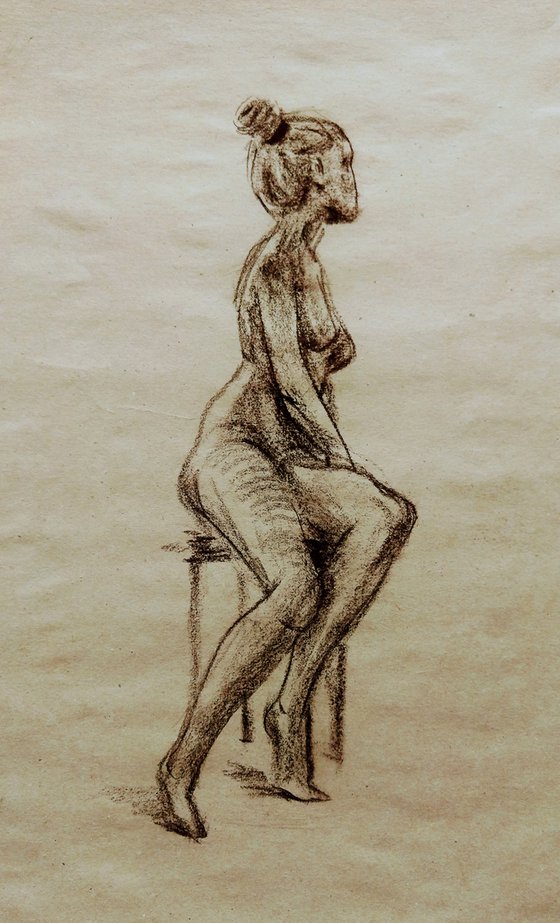 Nude. Sketch. Original pastel drawing on beige paper