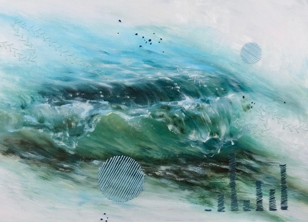 Organic Landscape Oil Painting By Valeria Ocean, 16 X 12", Serene Wave, Original Artwork