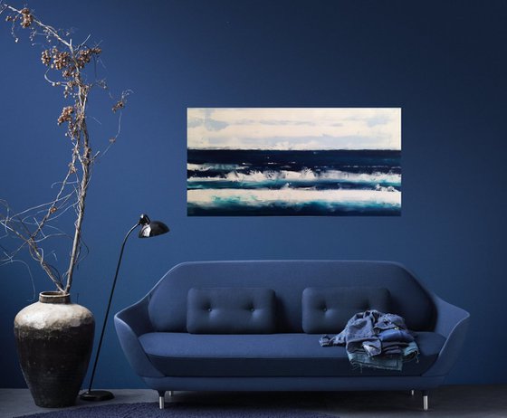 Turquoise blu sea waves- large size 100 x 50 x4 ( 39' x 20' x 1,5') Ready to hang
