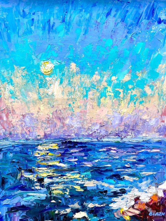 Sunset - Passion, 47*37cm, impressionistic oil sea sunset landscape painting