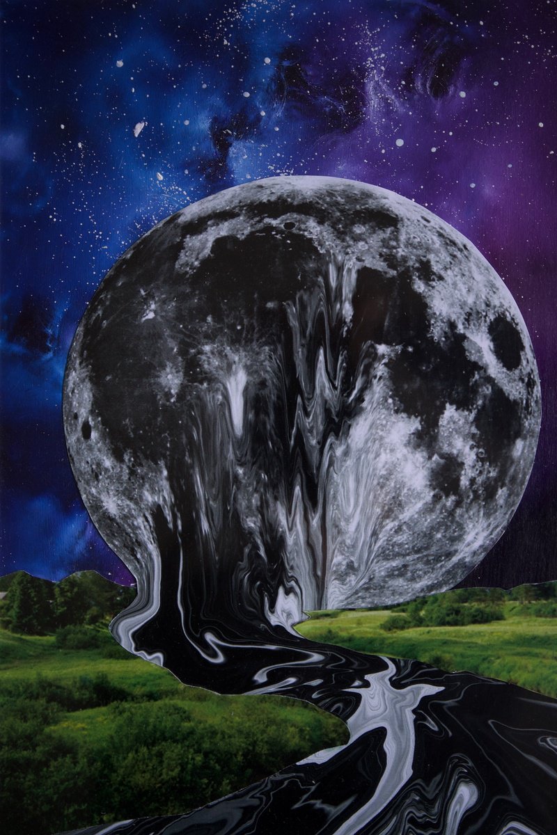 Abstract Collage By Lysergic, 8 X 12", Melting Moon, Original Artwork