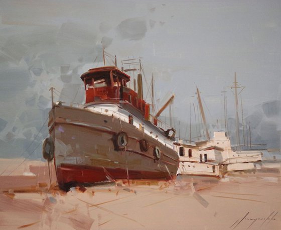 Tug on the Shore, Seascape, Original oil painting, Handmade artwork, One of a kind, Signed with Certificate of Authenticity