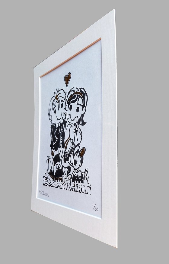 Romantic illustration lino cut of two dog walkers