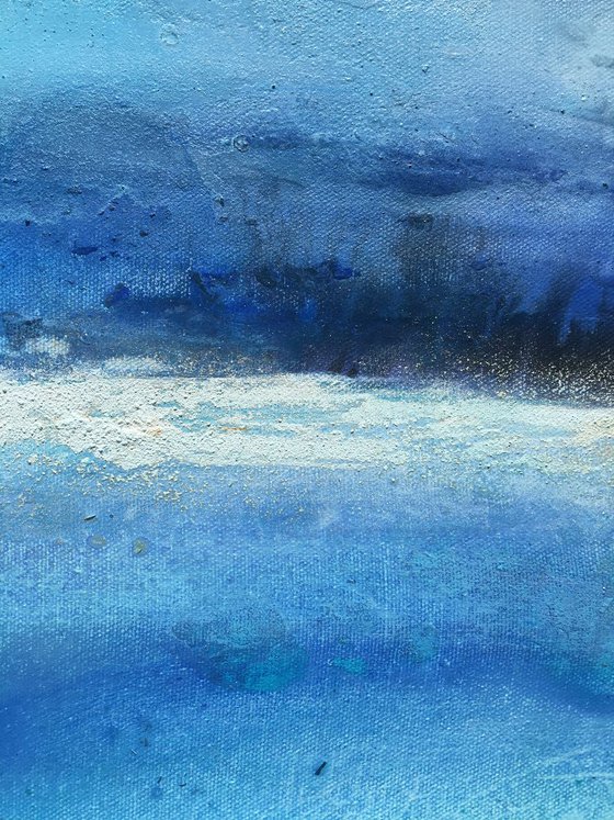 "The end of summer" abstract seascape dreamy atmospheric blues and turquoise with gold leaf