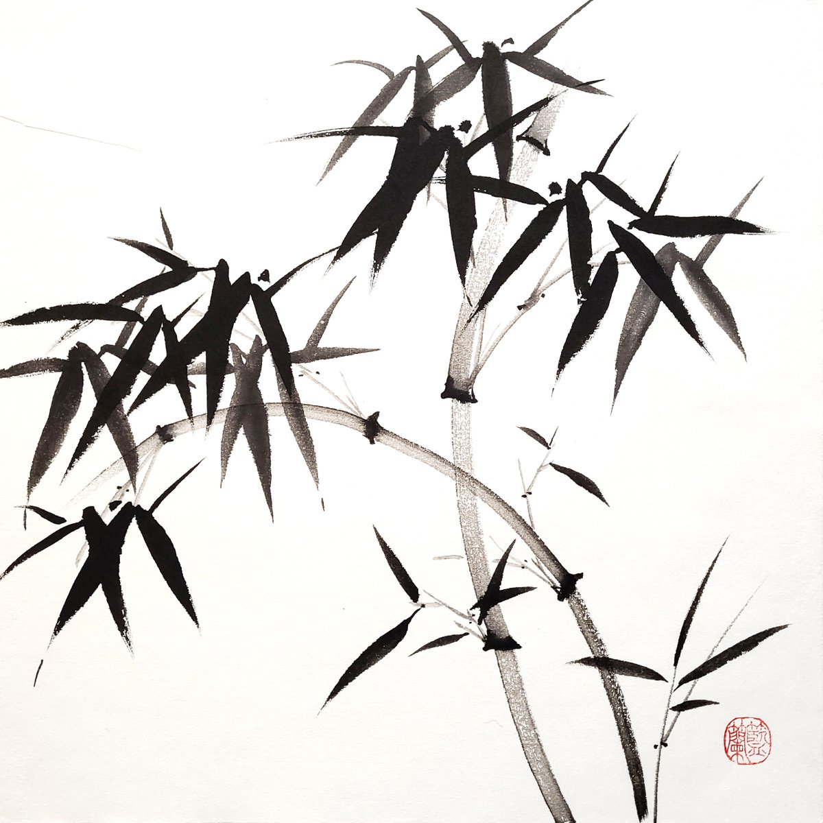 Two intersecting bamboo trunks  - Bamboo series No. 2113 - Oriental Chinese Ink Painting by Ilana Shechter