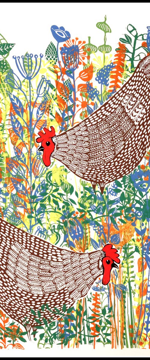 Hens in the yard by Mariann Johansen-Ellis