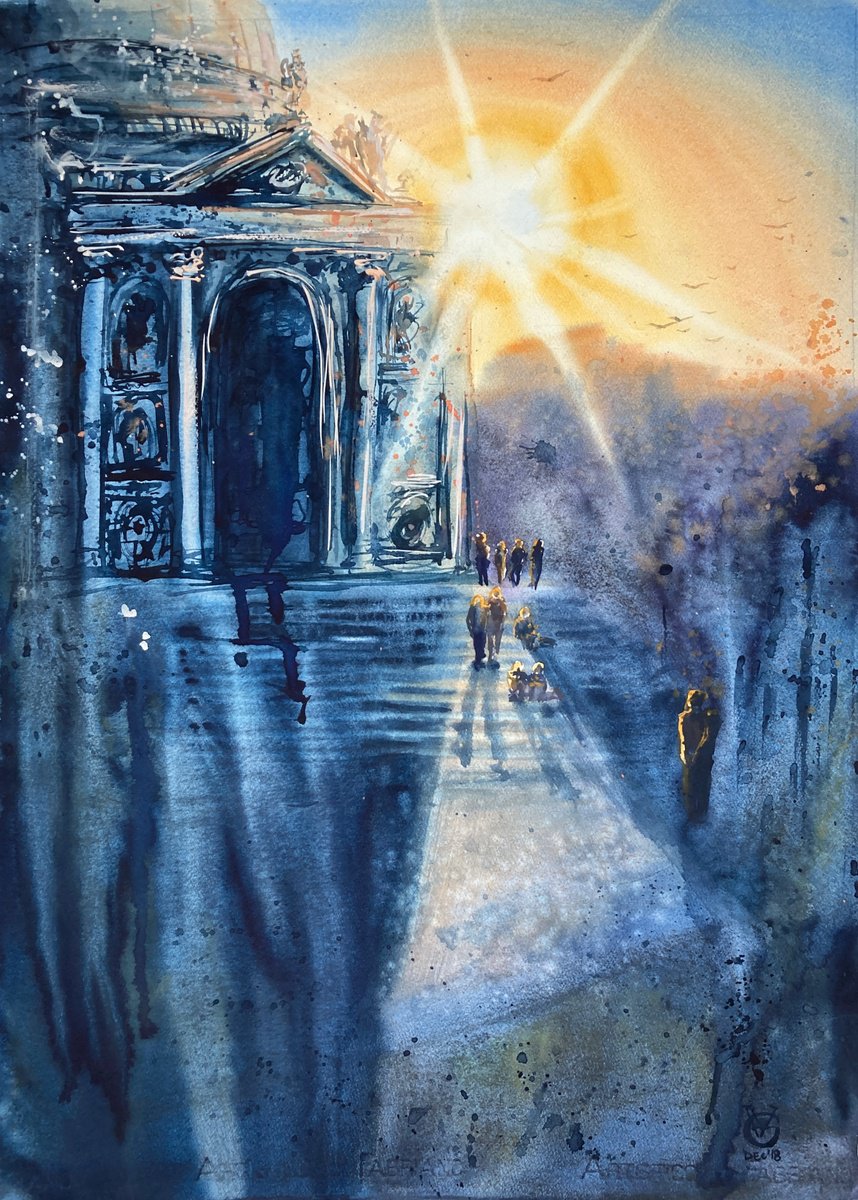 Impressionistic Cityscapes Watercolour By Valeria Golovenkina, 22 X 30", Santa Maria Della Salute. Sun, Original Artwork