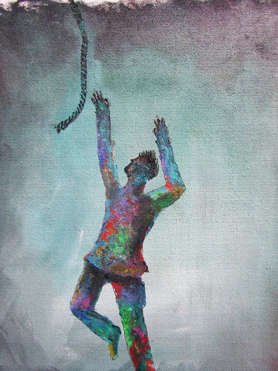 At the End of Your Rope  LET GO!  (version #2- male) Acrylic painting  by William F. Adams