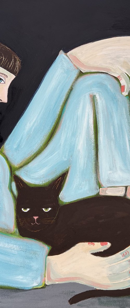 Lady and Cat with big hands and feet by Sharyn Bursic