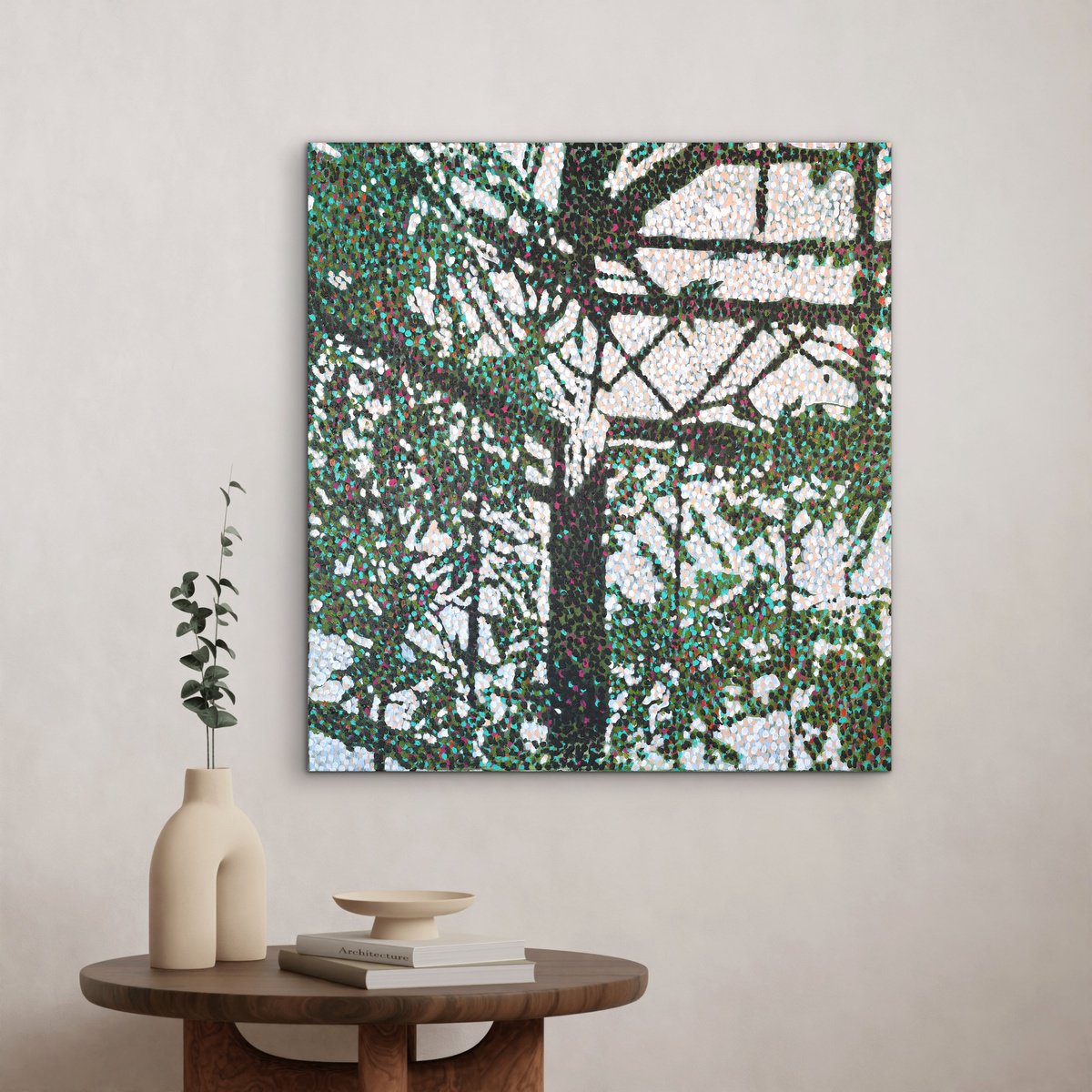 Impressionistic Abstract Acrylic Painting By Maria Al Zoubi, 33 X 35", Morning Tea, Original Artwork