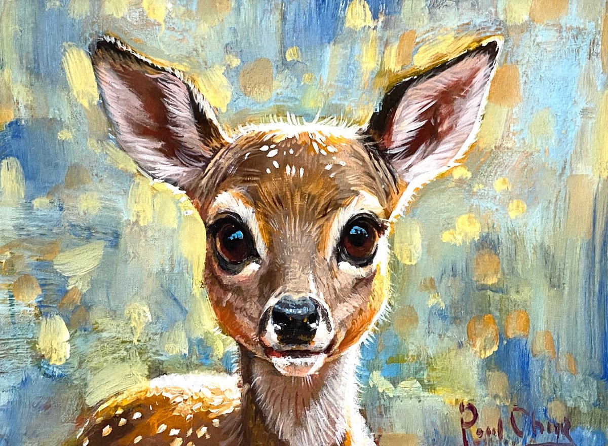 Impressionistic Animal Acrylic Painting By Paul Cheng, 16 X 12", Fawn In The Morning Light, Original Artwork