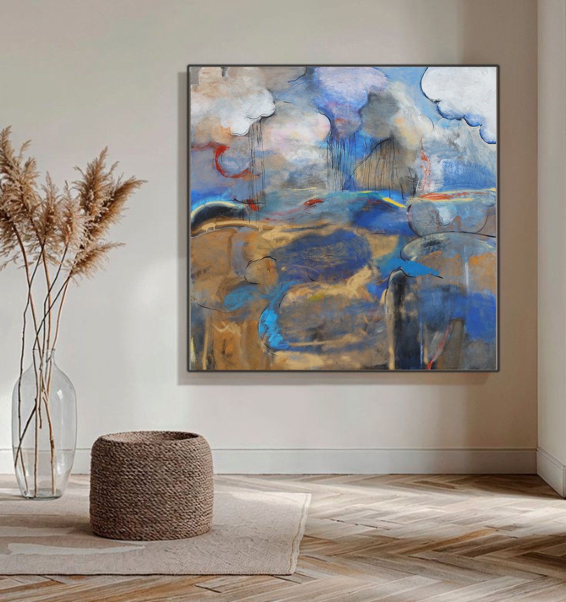 Abstract Acrylic Painting By Artem Andreichuk, 49 X 49, Landscape With Lake And Clouds, Original Artwork