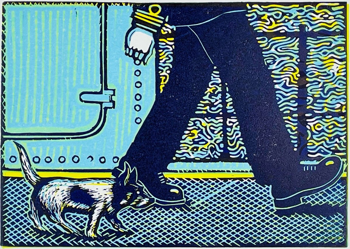Graphic Animal Linocut By Mark Howard Jones, 11 X 8", Quick March - Blue Linocut, Original Artwork
