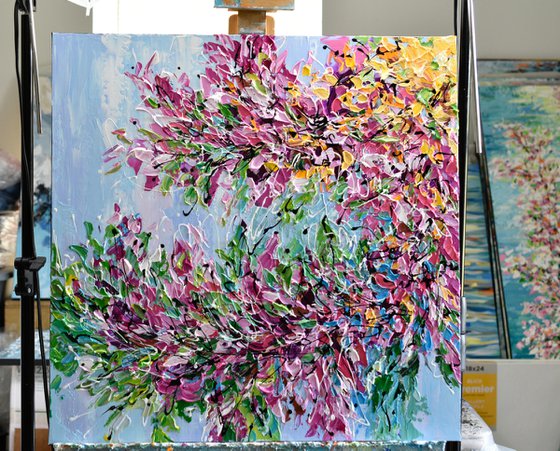 Cherry Blossom - Abstract Floral Painting on Canvas, Heavy Textured Palette Knife Art