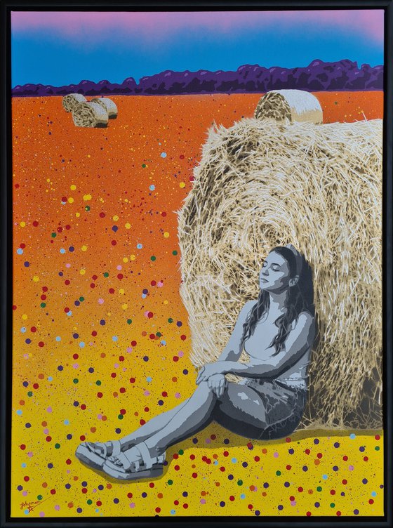 "Bliss" - Contemporary vibrant bales meadow landscape splatters of spray paint Urban Graffiti Pop Art style artwork with Girl resting against a bale in a meadow.